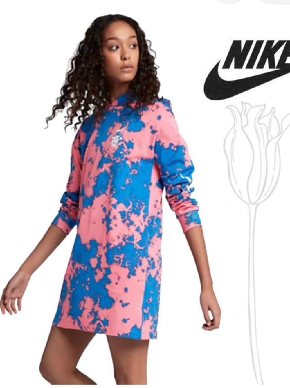 Nike Pink and Blue Tie-Dye Long Sleeve Hooded Dress